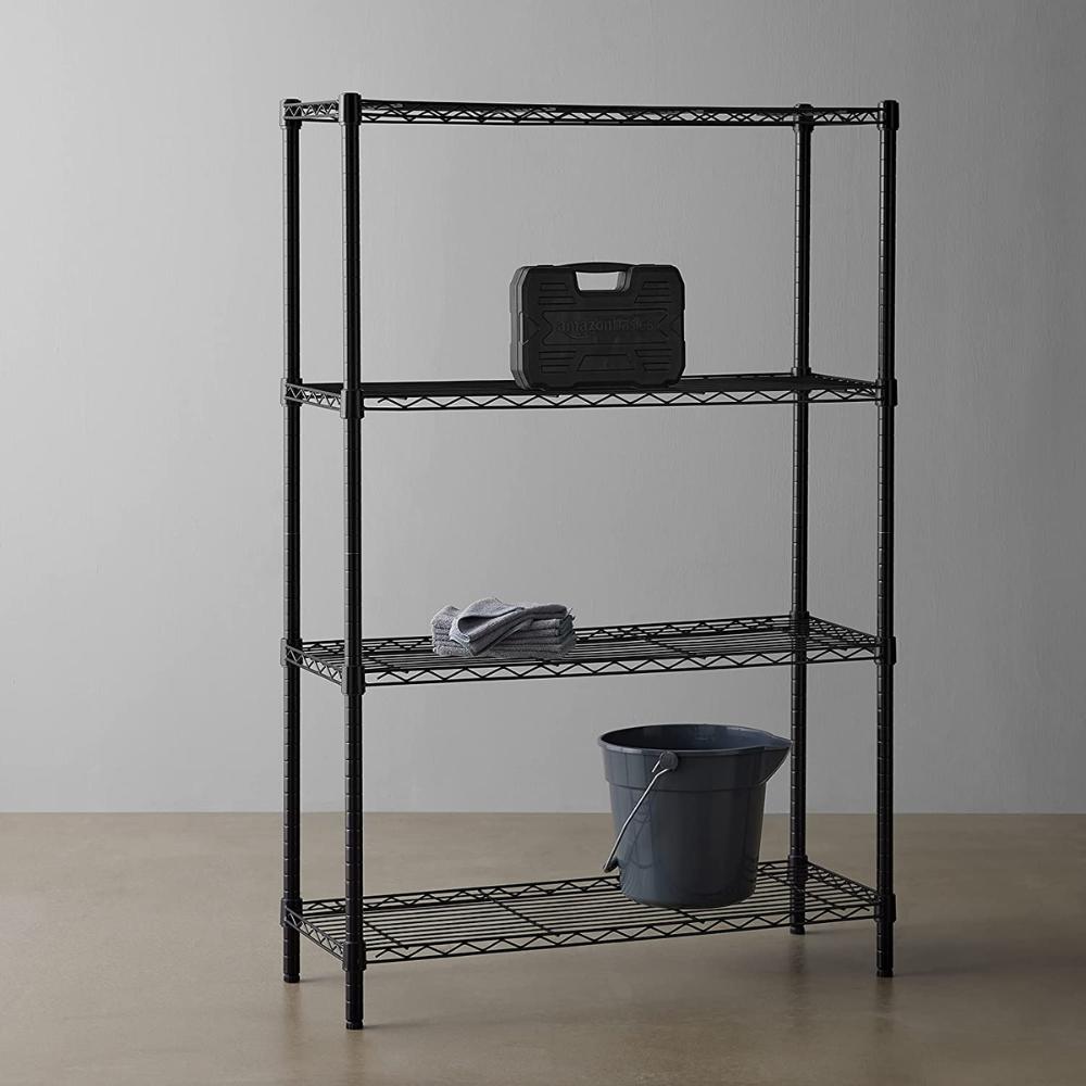 Heavy duty steel shelving in a garage, loaded with boxes and tools